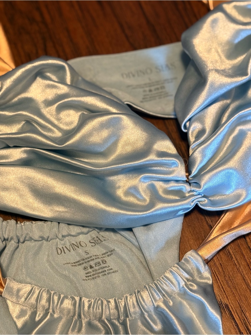 Ruched Light Blue Bikini Set with Beige Straps - Picture 8 of 10
